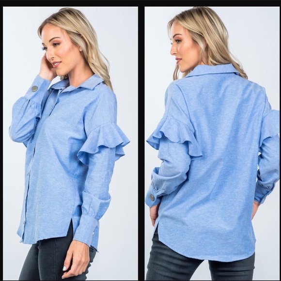 Blue Ruffle Drop Shoulder Shirt - Picture 5 of 6